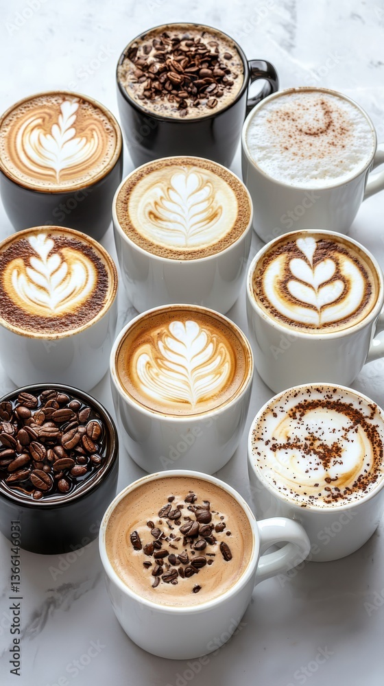 Poster creative custom latte art displayed in mugs bright studio lighting overhead view artistic expression