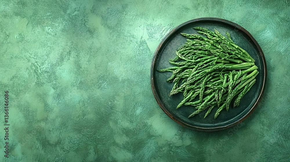 Poster freshly harvested asparagus spears are neatly arranged on a dark, rustic plate, which sits on a text