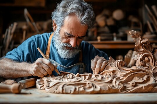 An individual is shown carving wood with a specialized hand tool. The elaborately designed piece features curves and leaf like patterns