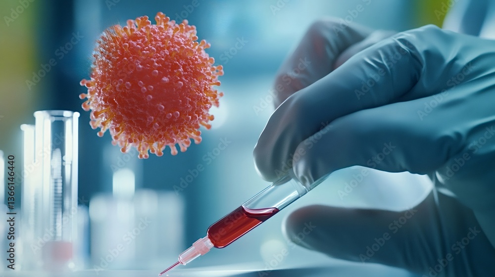Poster gloved hands injecting red liquid from a syringe near a virus, possibly creating a vaccine or conduc