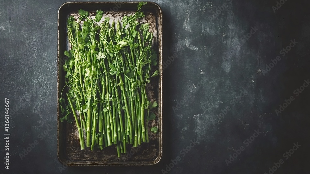 Poster fresh asparagus and cilantro sprigs are neatly arranged on a dark, rustic baking tray, ready for cul