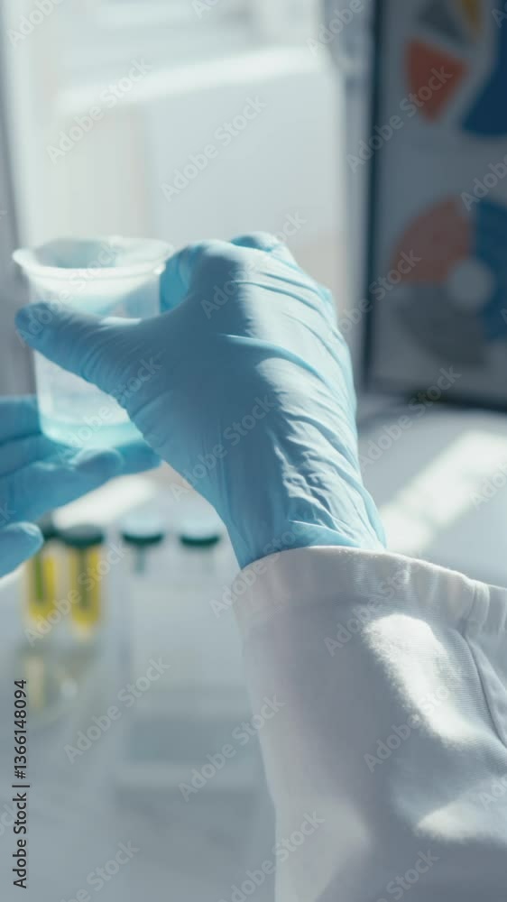 Poster in a busy lab, a focused scientist in a lab coat and gloves studies a bright blue solution in a beak