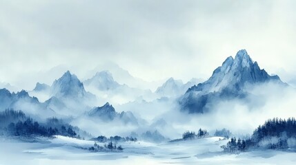 Fototapeta premium Misty Mountain Range in Cool Blue Tones