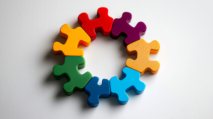 Colorful Wooden Puzzle Pieces in a Circle on White Background