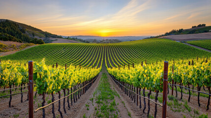 Naklejka premium A beautiful sunset over a vibrant vineyard, showcasing lush green grapevines.