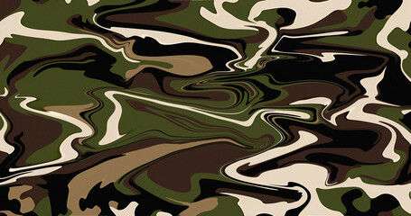 Abstract Camo Swirls Green Brown Beige Black Liquid Marble Pattern Design Texture Background