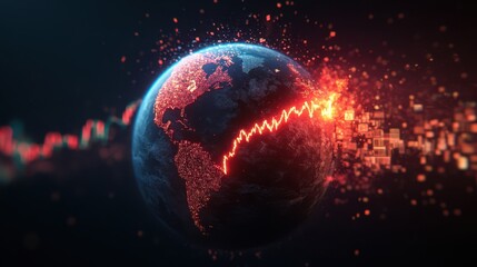 Dramatic representation of global economic crisis with Earth splitting and digital market symbols collapsing