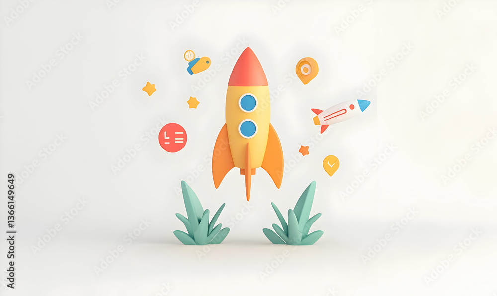 Poster creative concept of a rocket launch with colorful elements and icons