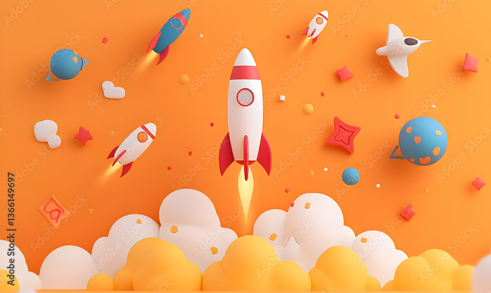 Poster conceptual initiative for rocket launch in bright creative lab setting