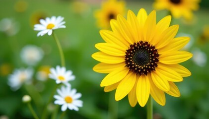 Naklejka premium One vibrant yellow sunflower among white daisies, stand out, bloom