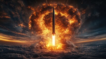 Ballistic Missile Launch Igniting Fiery Explosion Amidst Clouds and Stars, Depicting a Conflict Scenario