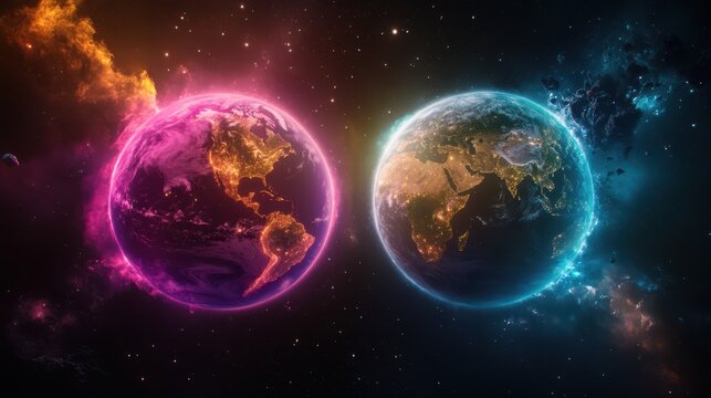 Two Earth-like planets split apart in deep space, illuminated by nebulae and city lights, showcasing a cosmic separation concept.