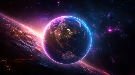 Futuristic Earth Rising Above a Cosmic Horizon with City Lights and Nebulae Showcasing a Dividing World