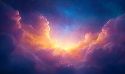 Fototapeta premium Dreamy Cosmic Scene with Clouds, Stars, and Ethereal Light Effects