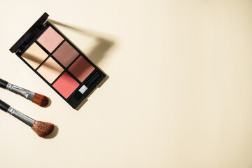 Make up palette and cosmetic brushes at pastel background with hard shadows.