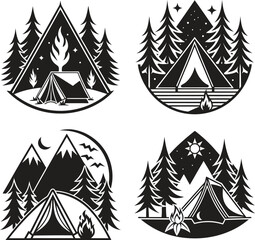 Camping Adventure Badges: Set of illustrations, featuring various camping scenes: tents, campfires, trees, mountains, night sky, and celestial elements.