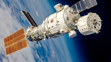 Fototapeta premium A detailed view of a space station in orbit around the planet