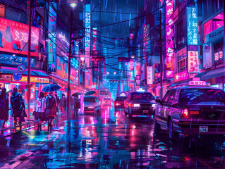 Obraz premium Vibrant neon-lit street in a rainy urban night bustling with pedestrians and vehicles during a bustling city scene