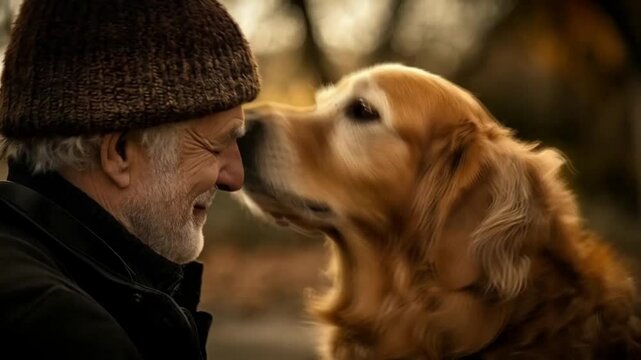 A man and a dog looking at each other. Smooth repeating motion for background video animation