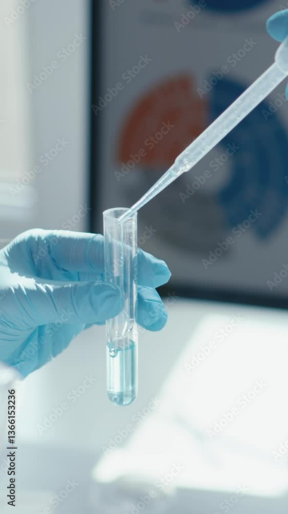 Poster a scientist in a lab, wearing gloves, is using a pipette to transfer liquid into a test tube, demons