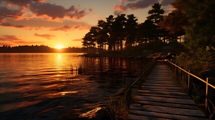 Obraz premium Sunset Serenity: A Wooden Bridge Leading to a Tranquil Lake