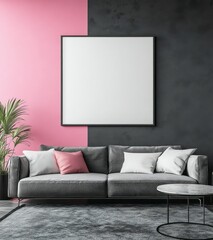 Modern Living Room Interior with Gray Sofa and Pink Walls