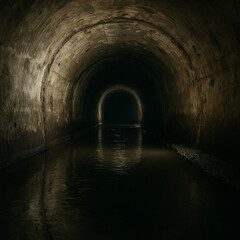 Naklejka premium Dark round tunnel with reflective water and soft light fading into distance.