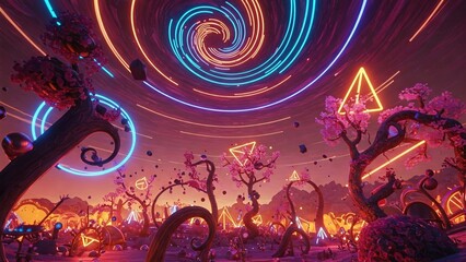 Obraz premium Vibrant Dreamscape with Kaleidoscopic Patterns and Neon Surreal Landscape 4K HD High Quality Image Wallpaper Background