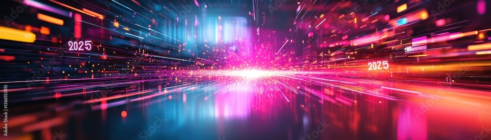 Poster abstract motion background with glowing light streaks in blue magenta and gold tones represents high