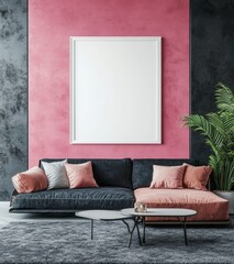 Modern Living Room with Dark Gray Sectional Sofa and Pink Wall