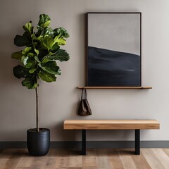 Minimalist decor with indoor plant, bench, and art on a neutral wall.