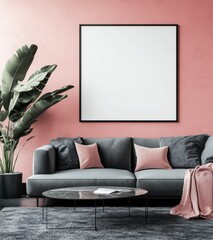 Modern Living Room with Gray Sofa and Blank Frame