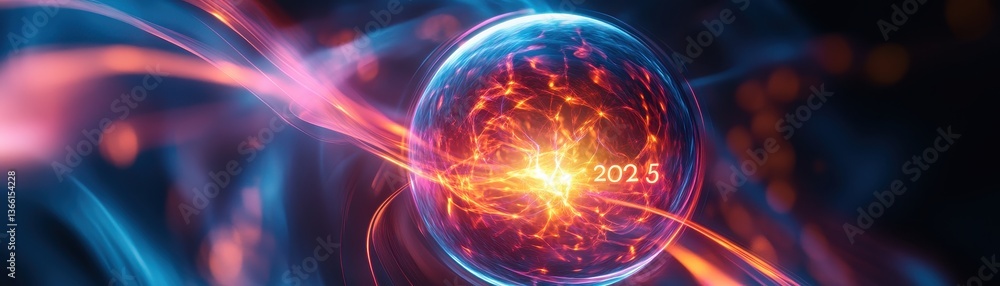 Poster Abstract Plasma Sphere with Flowing Energy Streams in Blue and Orange Tones Futuristic Glowing Orb with Dynamic Particle Effects and Technological Texture on Dark Background