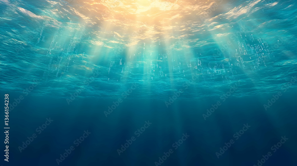 Poster creative metaphor of ocean depths filled with data visualization elements