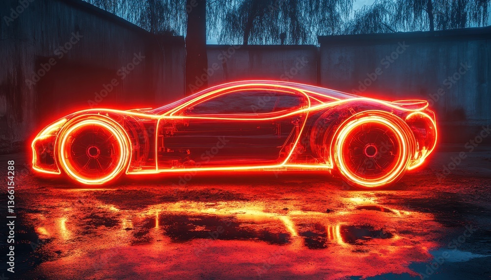 Poster Abstract Red Glowing Sport Car with Neon Lights Reflecting on Pavement Creating a Futuristic Design