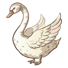 a  swan with a long neck and white feathers standing with open wings on a plain background 