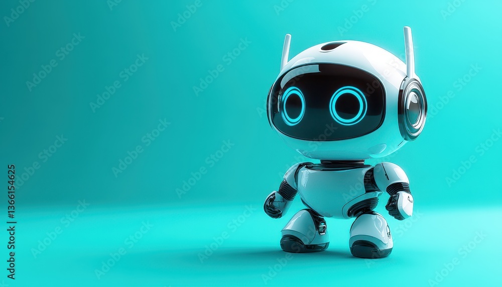 Aufkleber Adorable White Robot Character with Glowing Blue Eyes on Teal Background a Futuristic and Minimalist Design with Smooth Shading and Clean Lines