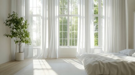 Fototapeta premium Bright Bedroom with White Curtains Open Windows and Green Potted Plant with Sunlight Streaming onto the Floor Creates a Calm and Cozy Modern Interior