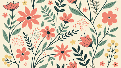 vibrant floral pattern with pink, red, and yellow flowers surrounded by green leaves on a light beige background for wallpapers, textiles, gift wrapping, stationery, and DIY craft projects
