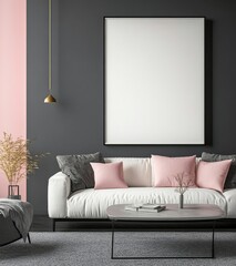 Modern Minimalist Living Room Interior with White Sofa and Pink Pillows