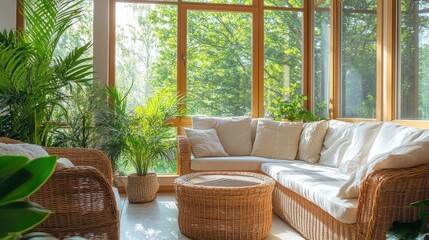 Bright Sunroom with Rattan Furniture Beige Cushions and Lush Green Plants Creating a Cozy and Natural Indoor Living Space with Corner Sofa and Abundant Sunlight