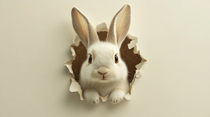 Obraz premium A 3D picture shows the Easter bunny looking out from a hole. The background is a light cream color.