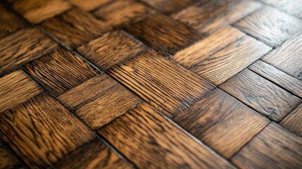Fototapeta premium Close Up of Dark Brown Wooden Parquet Flooring with Herringbone Pattern Highlighting the Rich Grain and Polished Surface Creating a Warm Rustic Interior Design Element