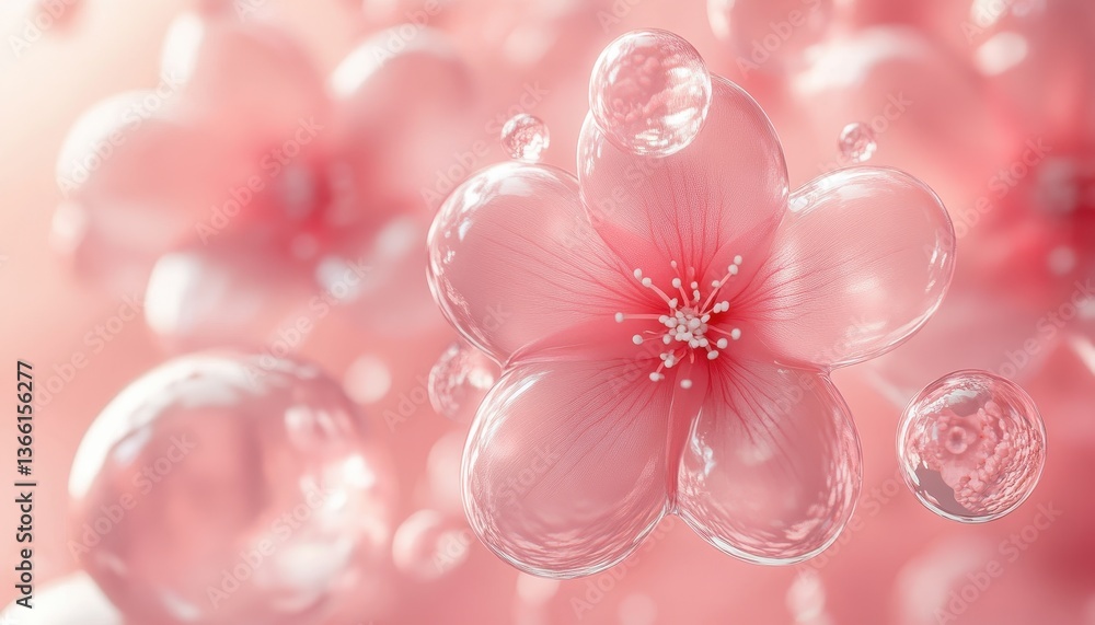 Poster closeup of delicate pink flower with water droplets abstract background with floral macro and soft l