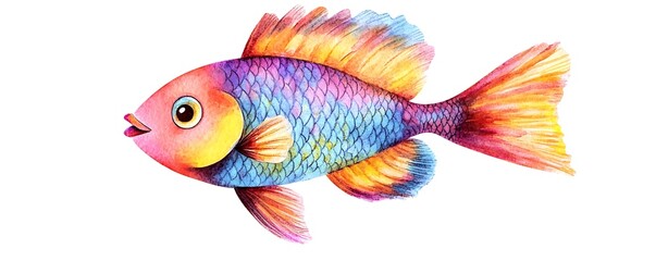Cute and colorful cartoon fish in watercolor style, isolated on a white background, with a charming and lively design.