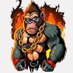 A cartoon image of a gorilla wearing a gold chain and a red band around his neck