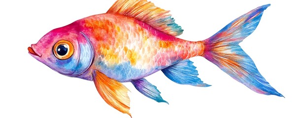 Cute and colorful cartoon fish in watercolor style, isolated on a white background, with a charming and lively design.