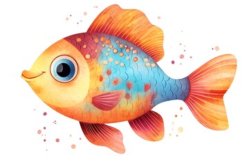 Cute cartoon fish in watercolor style, isolated on white background, featuring vibrant colors and playful details.