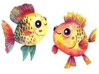 Cute cartoon fish in watercolor style, isolated on white background, with bright hues and a charming, whimsical look.