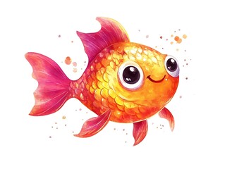 Cute cartoon fish in watercolor style, isolated on white background, with bright hues and a charming, whimsical look.